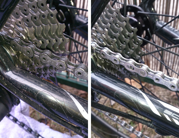Chain before and after a 60 second whizz through the solvent